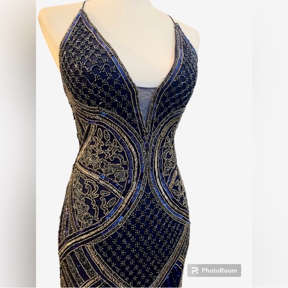 Primavera Couture Blue and Gold Bodycon Mini Dress for Cocktail - Picture 3 of 5